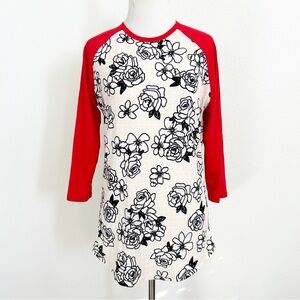 Floral Raglan Sleeve Top - Red and White